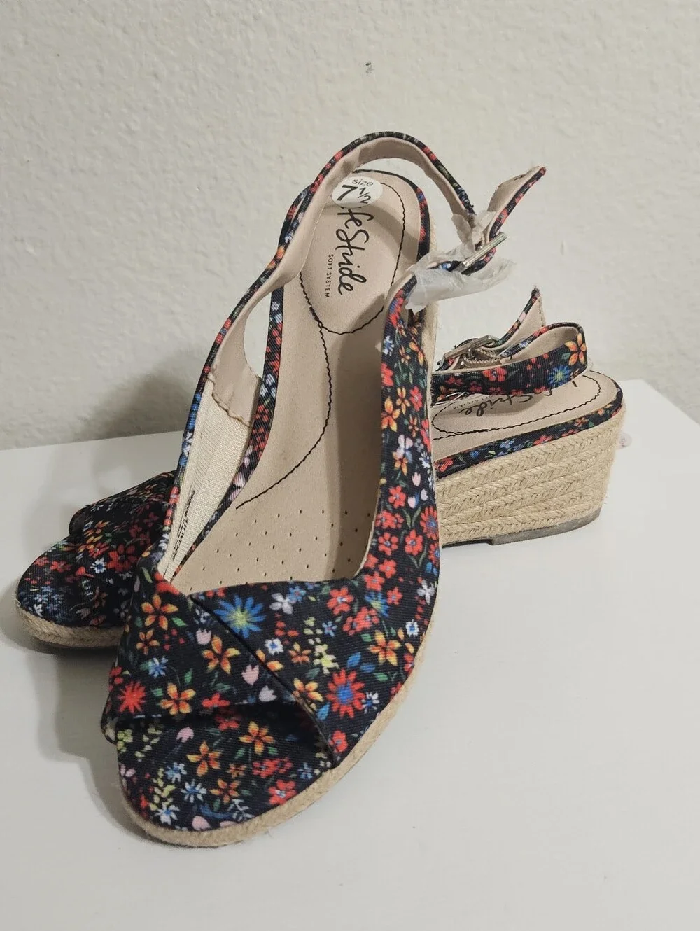 Life Stride Navy Floral Slingback Wedge Sandals